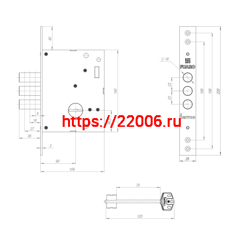 Замок Fuaro (Фуаро) врезной сувальдный TERMO MDV25/S-60.00.3R16 4 key (ключ удл. 120/75 мм) фото 3