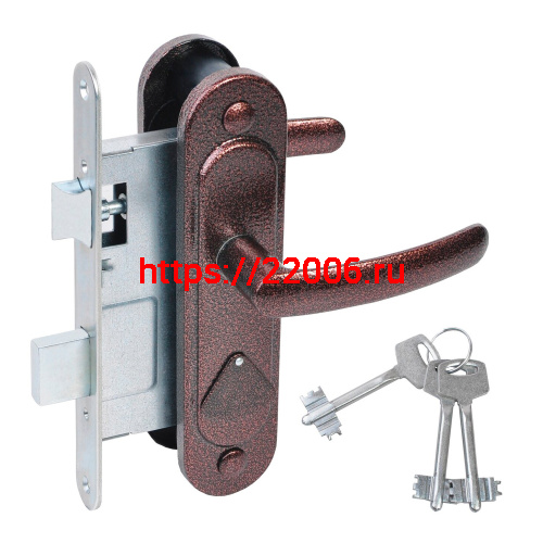 Замок Absolyute (Абсолют) врезной сувальдный с защёлкой в комплекте с ручкой ЗВ9.2-08 (медь антик), 3 кл.