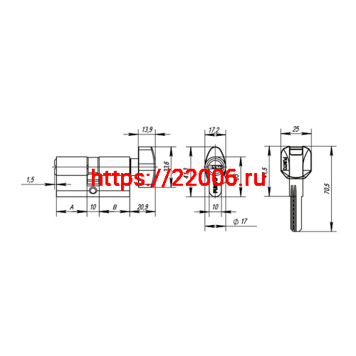 Цилиндровый Punto (Пунто) механизм MaxPro7002Knob90mm(35+10+45) SN никель 7key с вертушкой фото 4