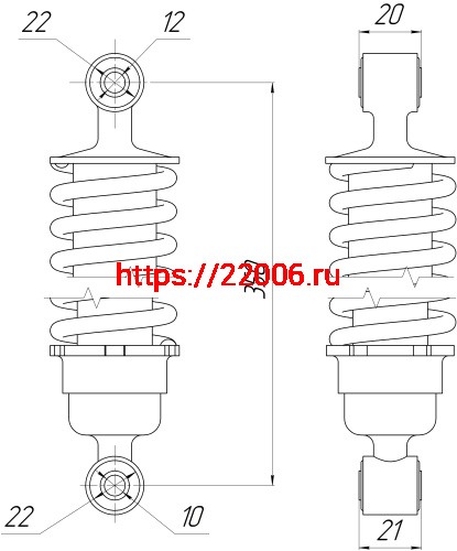Амортизатор Alpha зад. хром (L-350,D1-22,d1-12, Н1-20, D2-22,d2-10, Н2-21) ДОРОГОЙ (длинный стакан) фото 2